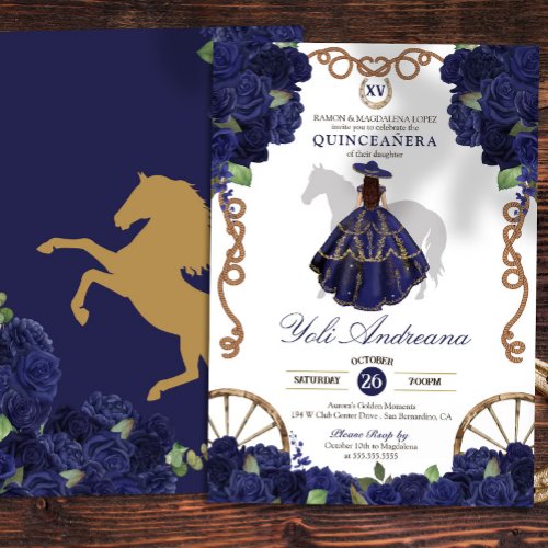 Navy Blue Rose Floral Country Western Quinceanera Invitation