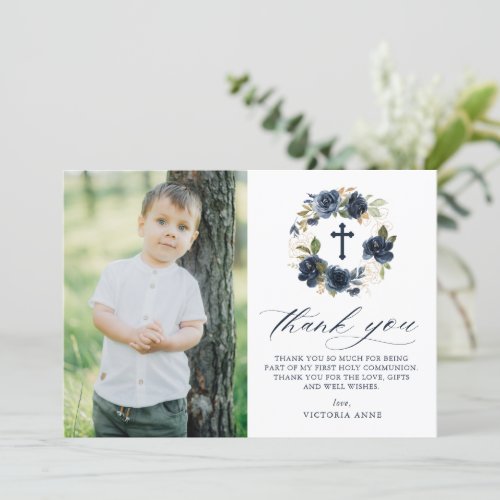 Navy Blue Rose Floral Wreath Photo First Communion Thank You Card