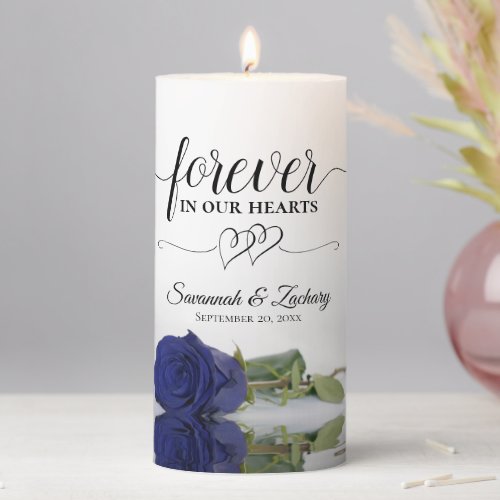 Navy Blue Rose Forever in our Hearts Memorial Pillar Candle