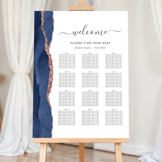 Navy Blue Rose Gold Agate 12-Table Wedding Seating Foam Board (Creator Uploaded)