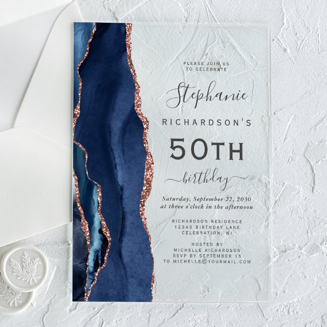 Navy Blue Rose Gold Agate 50th Birthday Party Acrylic Invitations (Creator Uploaded)