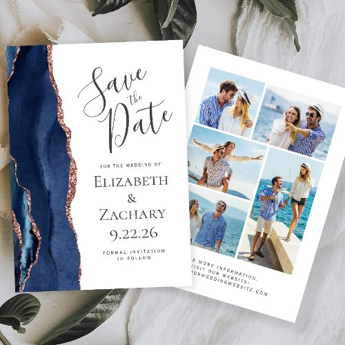 Navy Blue Rose Gold Agate 5_Photo Save the Date Invitation
