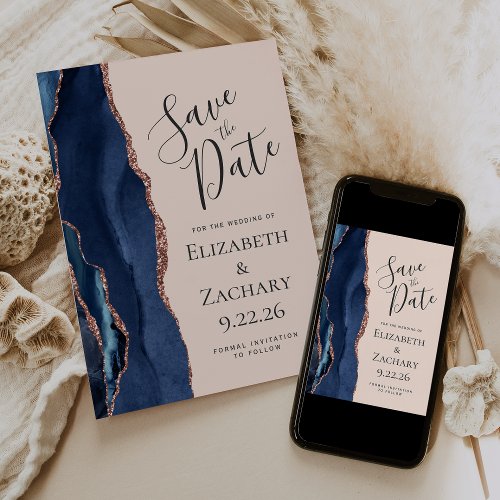 Navy Blue Rose Gold Agate Blush Save the Date