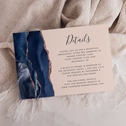 Navy Blue Rose Gold Agate Blush Wedding Details Enclosure Card