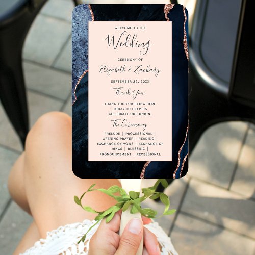 Navy Blue Rose Gold Agate Blush Wedding Program Hand Fan