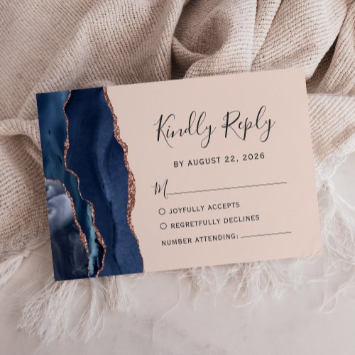 Navy Blue Rose Gold Agate Blush Wedding RSVP