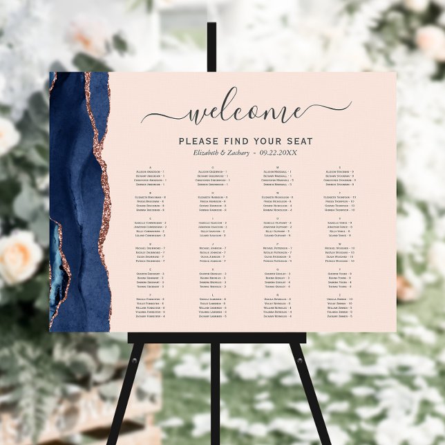 Navy Blue Rose Gold Agate Blush Wedding Seating Foam Board (Creator Uploaded)