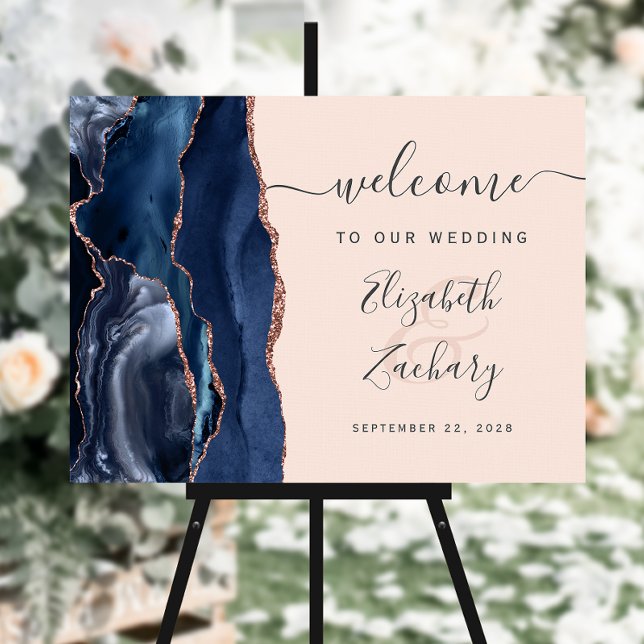 Navy Blue Rose Gold Agate Blush Wedding Welcome Foam Board (Creator Uploaded)