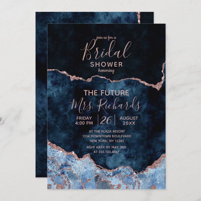 Navy Blue Rose Gold Agate Bridal Shower Invitation (Front/Back)