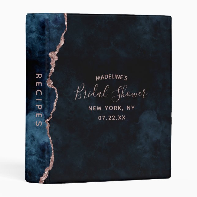 Navy Blue Rose Gold Agate Bridal Shower Recipe Mini Binder (Front/Spine)