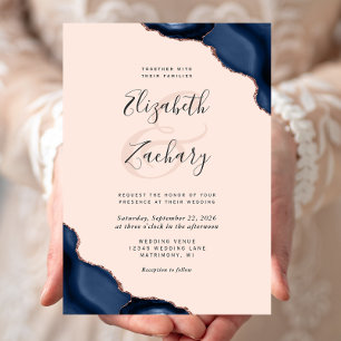 Navy Blue Rose Gold Agate Corners Blush Wedding Invitation