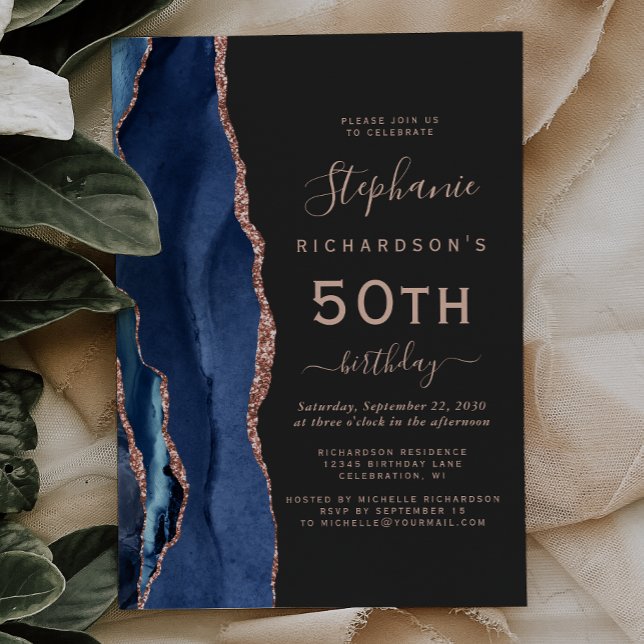 Navy Blue Rose Gold Agate Dark 50th Birthday Invitation (Creator Uploaded)