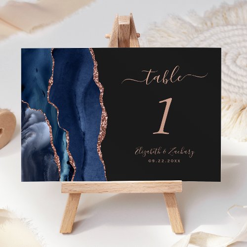 Navy Blue Rose Gold Agate Dark Wedding Table Number