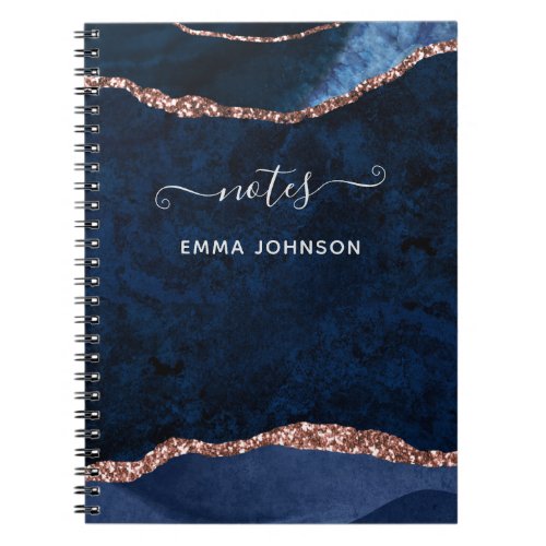 Navy Blue Rose Gold Agate Geode Name Watercolor Notebook
