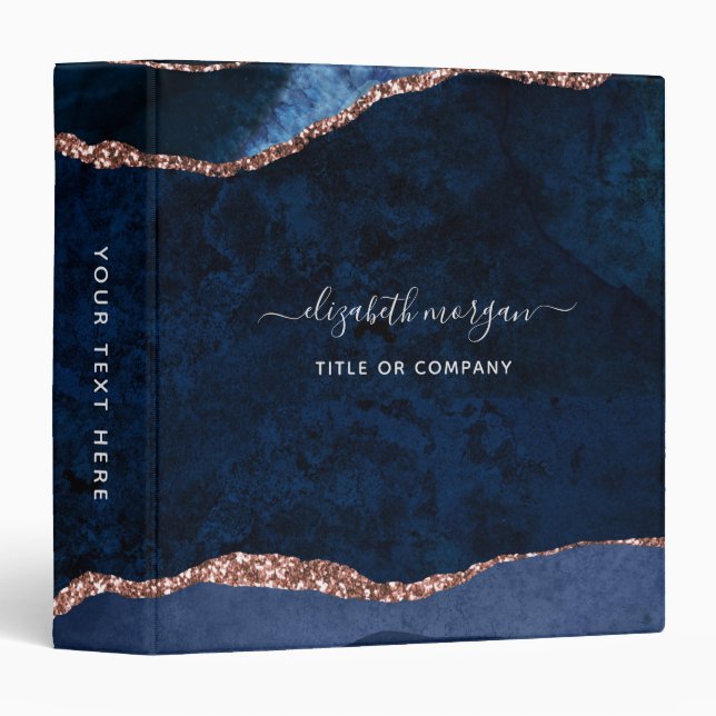 Navy Blue Rose Gold Agate Geode Signature Script 3 Ring Binder (Front/Spine)