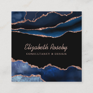 Navy Blue Rose Gold Agate Geode Square Business Card