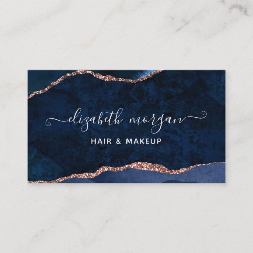 Navy Blue Rose Gold Agate Geode Watercolor Marble Business Card