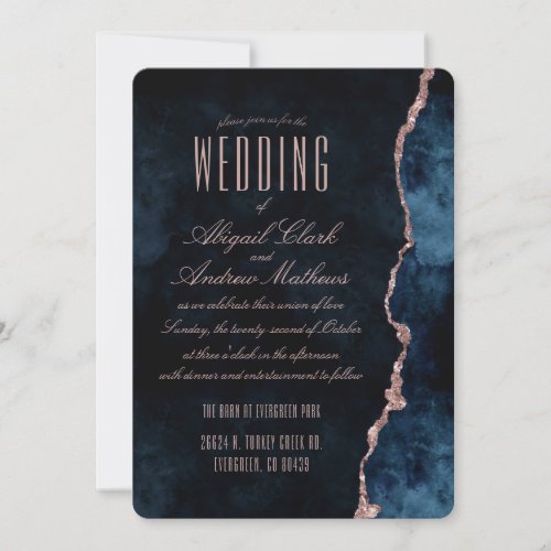 Navy Blue Rose Gold Agate Gilt Wedding Invitation