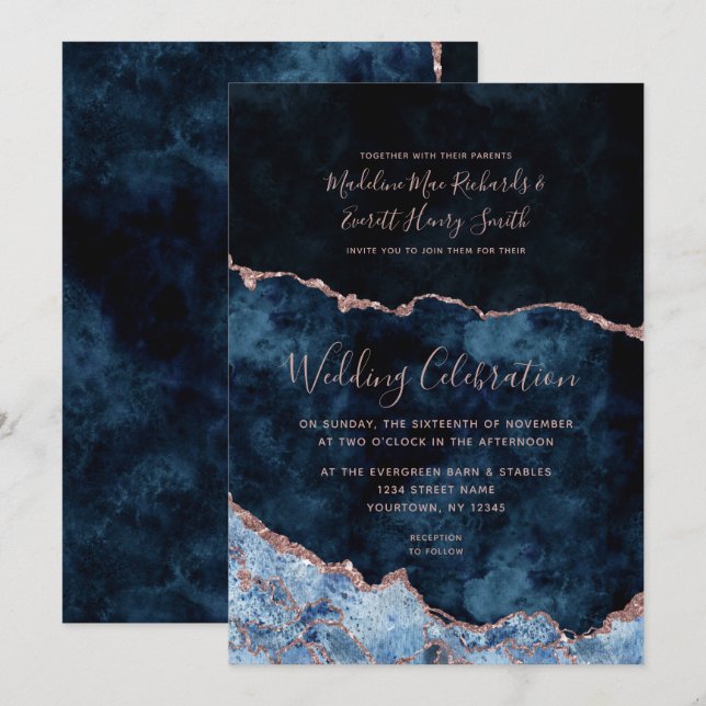 Navy Blue Rose Gold Agate Gilt Wedding Invitation (Front/Back)