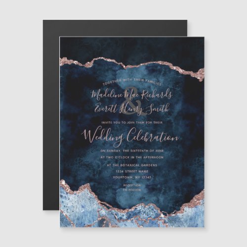 Navy Blue Rose Gold Agate Gilt Wedding Invitation