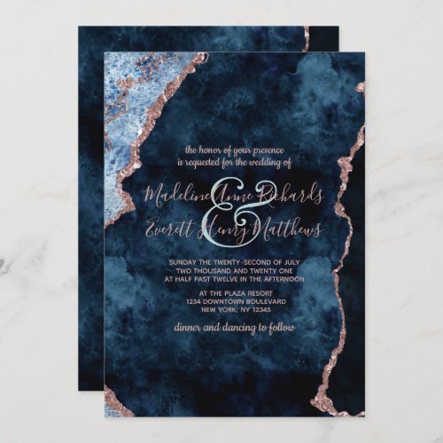 Navy Blue Rose Gold Agate Gilt Wedding Invitations