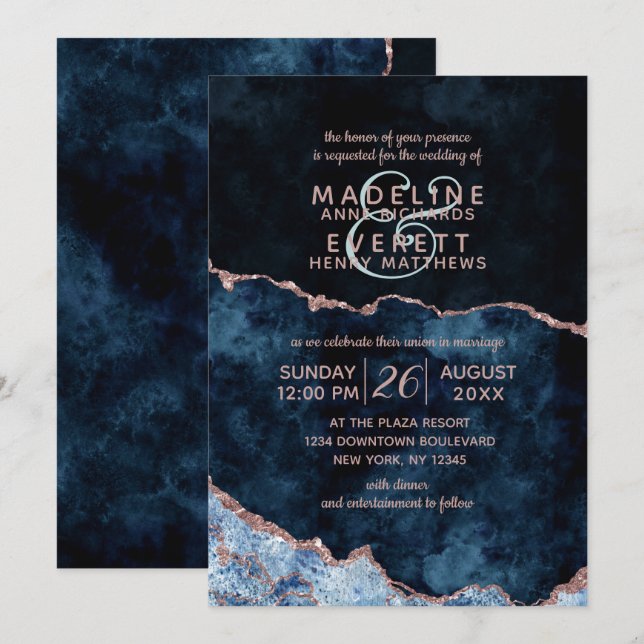 Navy Blue Rose Gold Agate Gilt Wedding Invitations (Front/Back)