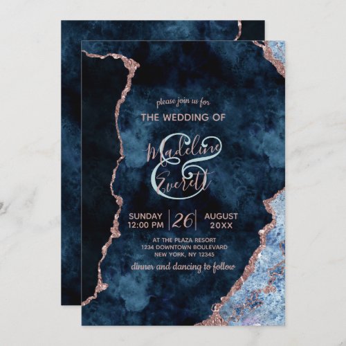 Navy Blue Rose Gold Agate Gilt Wedding Invitations