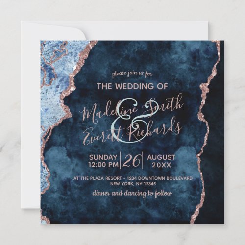 Navy Blue Rose Gold Agate Gilt Wedding Invitations