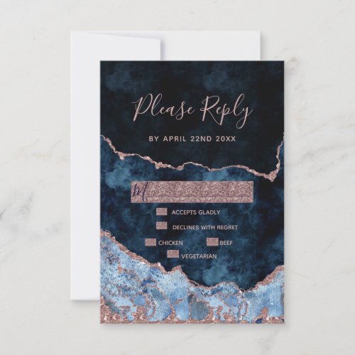 Navy Blue Rose Gold Agate Gilt Wedding RSVP Reply