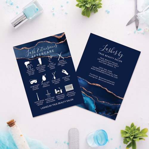 Navy Blue Rose Gold Agate Lash Extension Aftercare Business Card