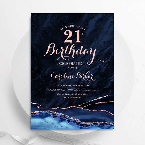 Navy Blue Rose Gold Agate Marble 21st Birthday Invitation