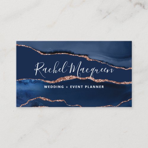 Navy Blue Rose Gold Agate Marble Business Card