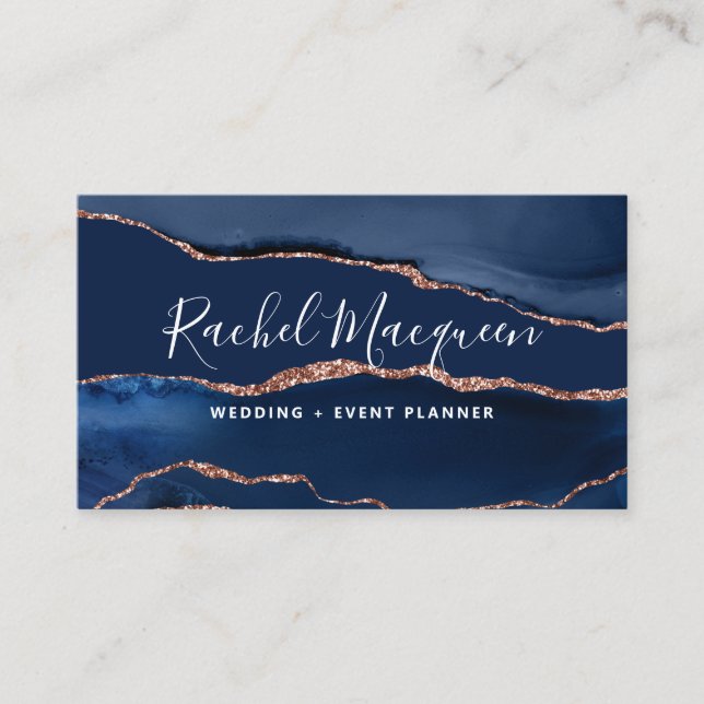 Navy Blue Rose Gold Agate Marble Business Card (Front)