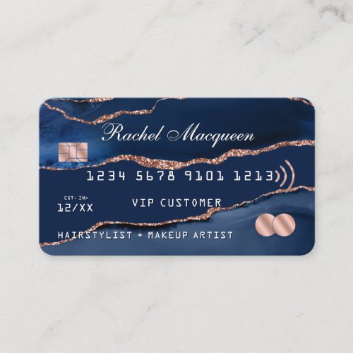 Navy Blue Rose Gold Agate Marble Credit Business Card