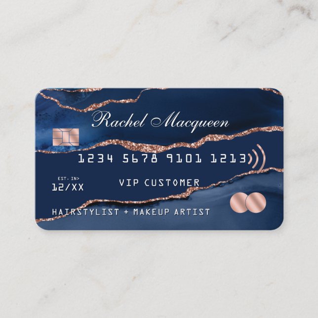 Navy Blue Rose Gold Agate Marble Credit Business Card (Front)