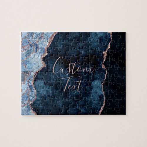 Navy Blue  Rose Gold Agate Marble Custom Text Jigsaw Puzzle