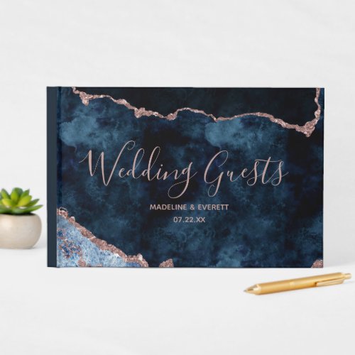 Navy Blue Rose Gold Agate Marble Gilded Wedding Guest Book