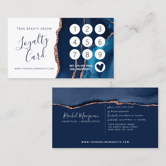 Navy Blue Rose Gold Agate Marble  Loyalty Card (Front/Back)