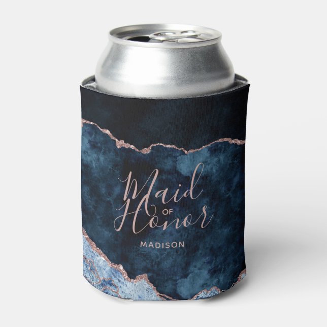 Navy Blue & Rose Gold Agate Marble Maid of Honor Can Cooler (Can Front)