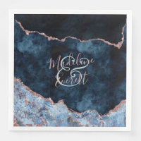 Navy Blue Rose Gold Agate Marble Monogram Wedding