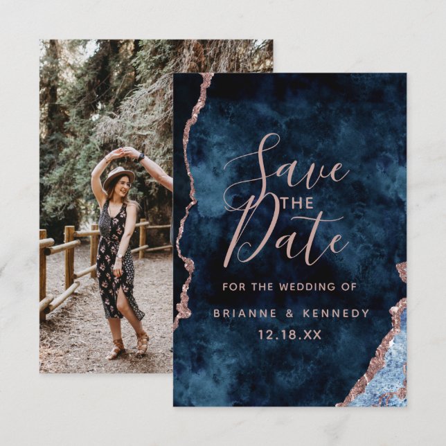 Navy Blue Rose Gold Agate Marble Photo on Back Save The Date (Front/Back)