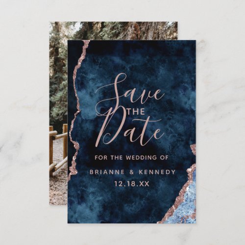 Navy Blue Rose Gold Agate Marble Photo on Back Save The Date