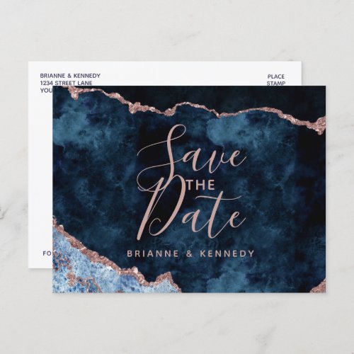 Navy Blue Rose Gold Agate Marble Save the Date Announcement Postcard