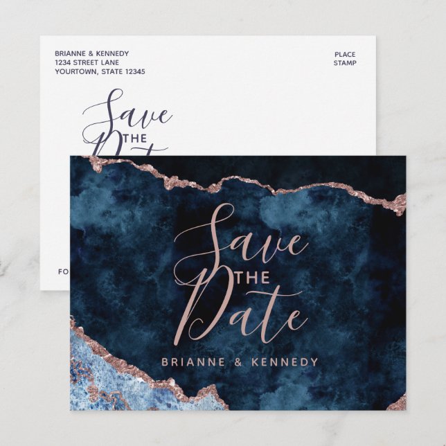 Navy Blue Rose Gold Agate Marble Save the Date Announcement Postcard (Front/Back)