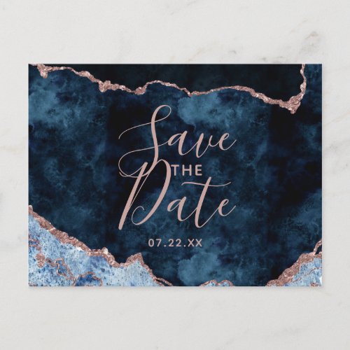 Navy Blue Rose Gold Agate Marble Save the Date Announcement Postcard