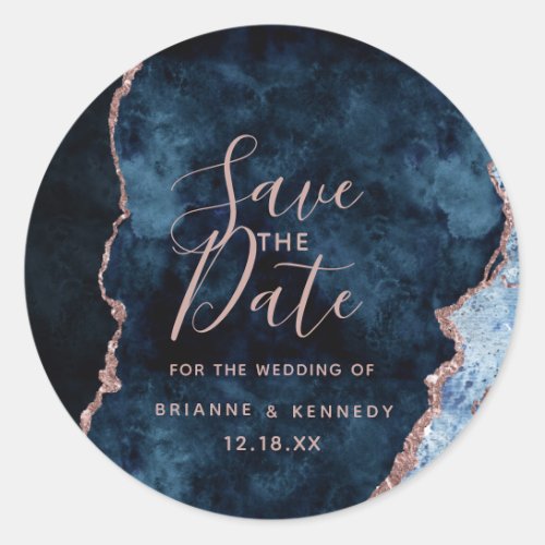 Navy Blue Rose Gold Agate Marble Save the Date Classic Round Sticker