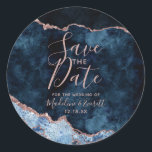 Navy Blue Rose Gold Agate Marble Save the Date Classic Round Sticker<br><div class="desc">Navy Blue & Rose Gold Foil Watercolor Marble Agate Gilded Geode Design,  with Modern and Script fonts. Trendy and Chic Wedding Save the Date Stickers! ~ Check my shop to see the entire wedding suite for this design!</div>