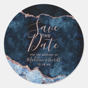 Navy Blue Rose Gold Agate Marble Save the Date Classic Round Sticker