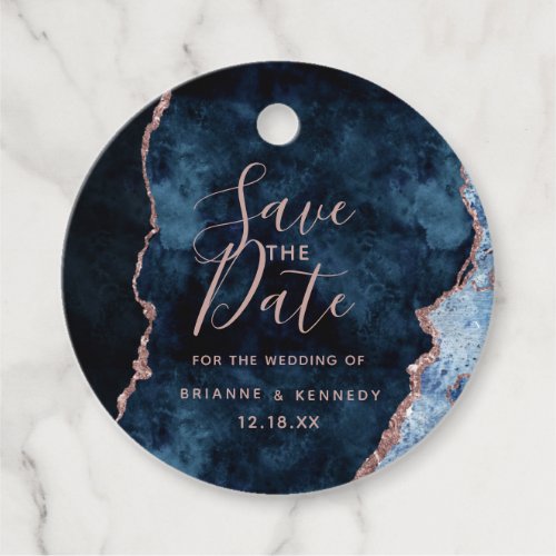 Navy Blue Rose Gold Agate Marble Save the Date Favor Tags