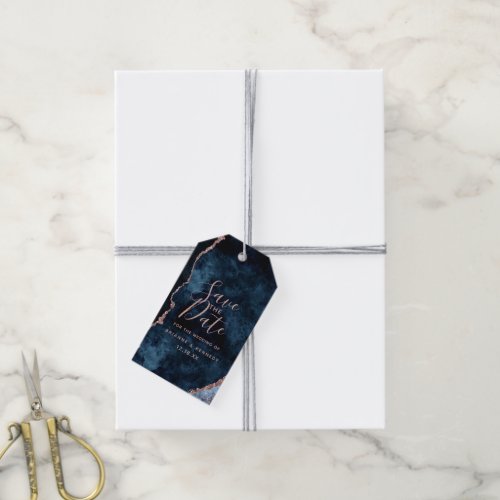 Navy Blue Rose Gold Agate Marble Save the Date Gift Tags
